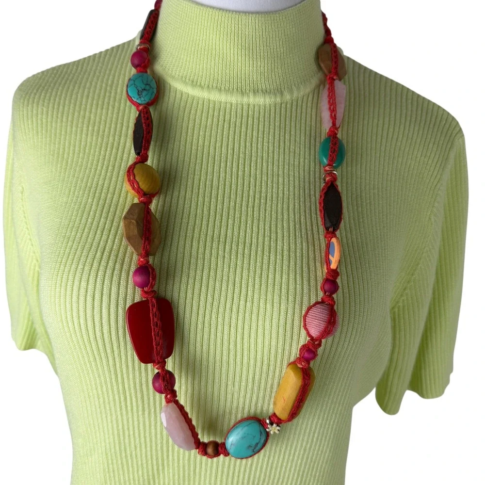 Lucky Brand Red Crochet Long Necklace Multi Color Mixed Media Beads Peace 38
